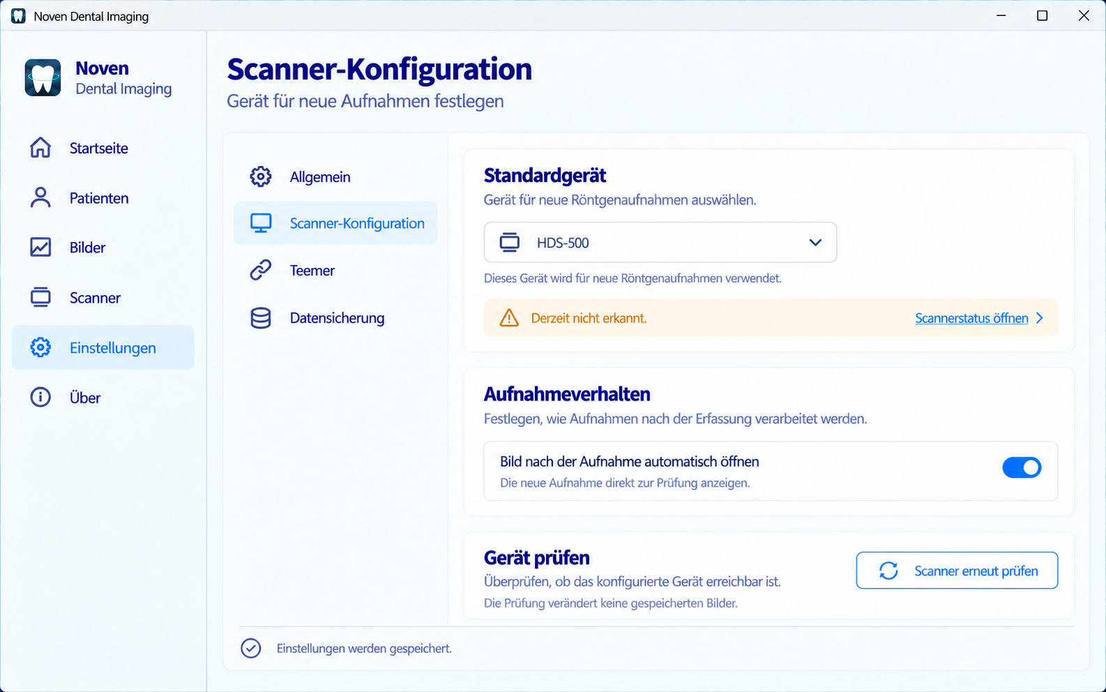 Noven Dental Imaging scanner configuration screen